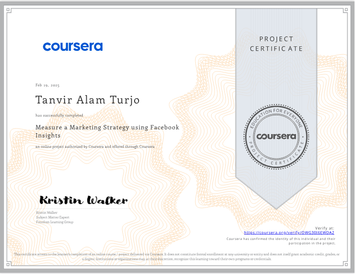 Measure a Marketing Strategy using Facebook Insights certificate preview