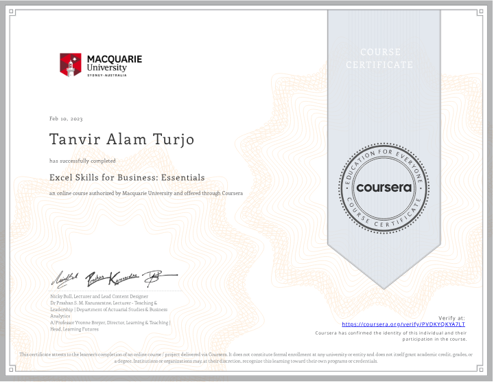 Excel Skills for Business: Essentials certificate preview